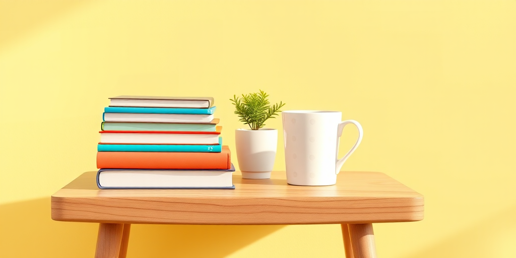 Create a digital illustration of a cozy, modern wooden side table with a stack of colorful books, a small potted green plant, and a polka-dotted coffee mug on top, against a soft pastel yellow background, using a 50mm lens at f/2.8 for shallow depth of field, with a bright natural lighting setup to enhance the colors and details.