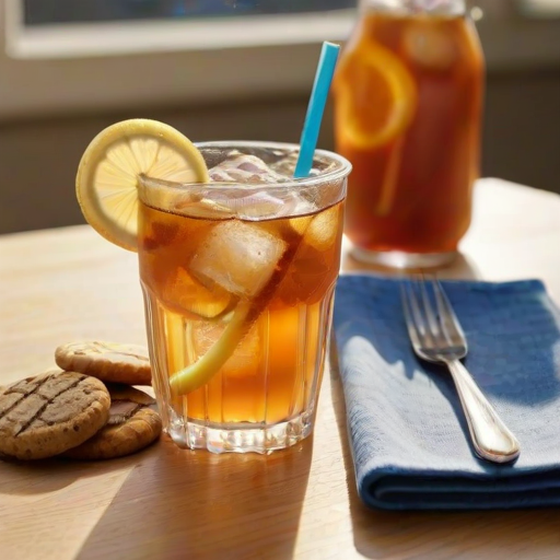 Close-up of a glass of iced tea with lemon slices, soft sunlight highlighting the condensation on the glass, with a colorful straw and a plate of cookies nearby.