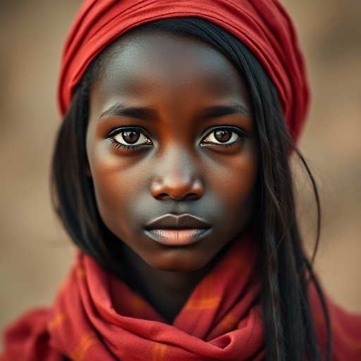 Create a portrait of a young Zulu woman with long, dark hair and captivating hazel eyes. She is wearing a red headscarf and a matching scarf draped gracefully around her neck. The background is softly blurred, focusing attention on her serene and natural expression. The overall color palette is muted and warm, enhancing the intimate and authentic feel of the portrait.