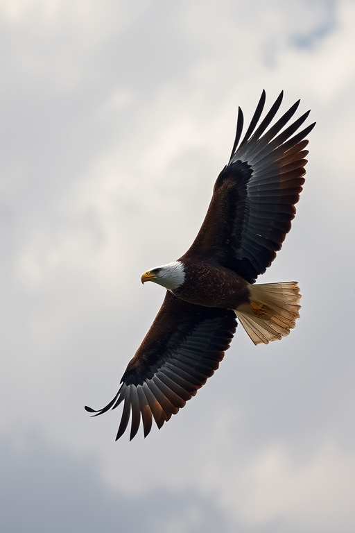 A majestic eagle soaring through a cloudy sky, captured in sharp focus with a Canon EOS-1D X Mark III, 1/2000s shutter speed, f/4 aperture, 400mm lens, and a slight vignette for depth.