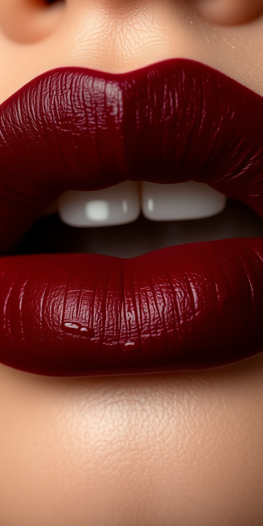 Alluring image of burgundy wine lips with a velvet matte texture, highlighting rich pigmentation and sophisticated elegance