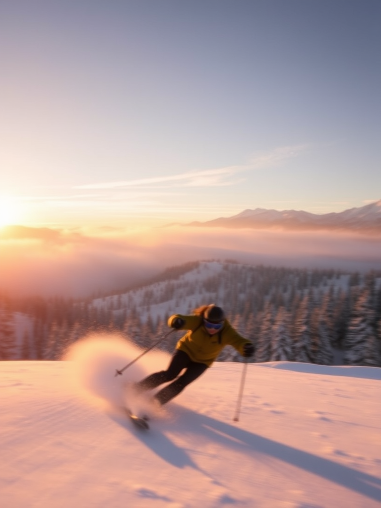 Blurry action shot of a skier speeding down a snowy slope at sunrise, snow spraying up behind them, with soft golden light casting long shadows on the mountains and distant pine trees barely visible through the mist.
