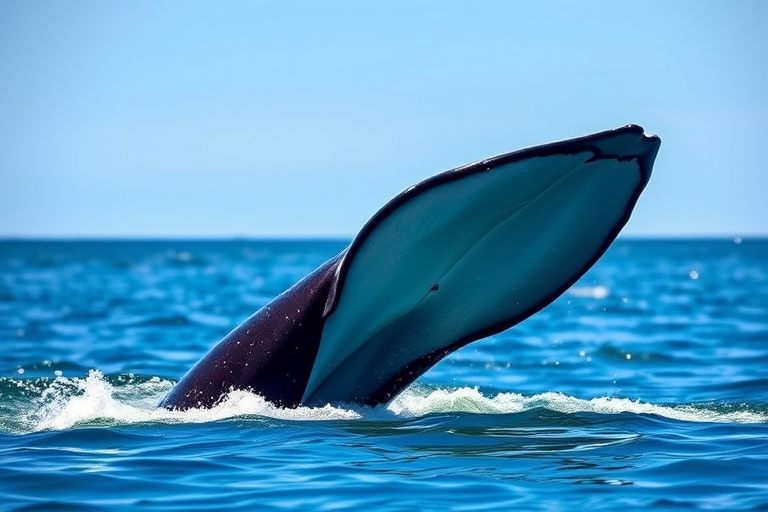 photograph of a whale tail emerging from the water in bright sunlight, 50mm lens, f/8 aperture, ISO 200, shallow depth of field, high-resolution digital camera, side view, capturing fluid motion against a clear blue background
