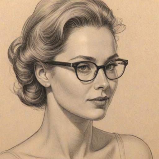 Enticing Courtney Peldon, pencil sketch, portrait of Resplendent woman 1949s in glasses, hair style beatnik, outline, clear lines, fine lines, 8k