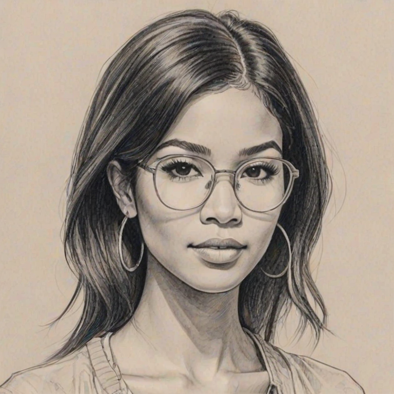 Beauteous Jhene Aiko, pencil sketch, portrait of Enticing woman 1967s in glasses, hair style beatnik, outline, clear lines, fine lines, 8k