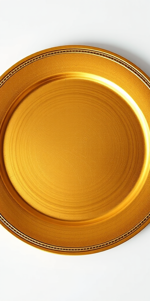 Create a highly detailed 3D-rendered image of a shallow round golden plate, shot with a DSLR camera at f/2.8 aperture, ISO 100, with a 35mm lens, using a top-down view and soft studio lighting to enhance texture and depth.