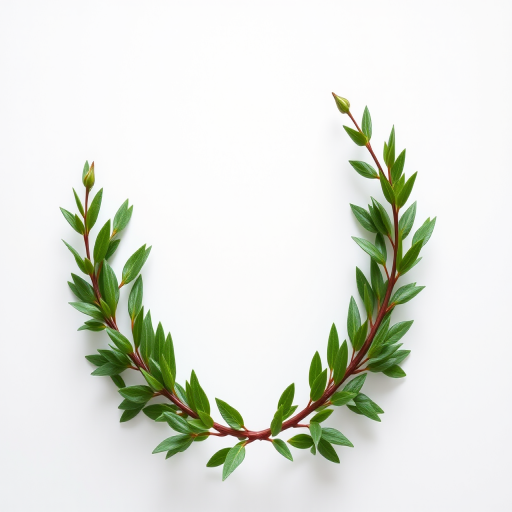 Generate a detailed and high-resolution image of a green laurel wreath on a plain background, using a DSLR camera with a 50mm lens, aperture set to f/2.8, ISO 100, and a shallow depth of field to create a soft blur effect for a professional and polished look.