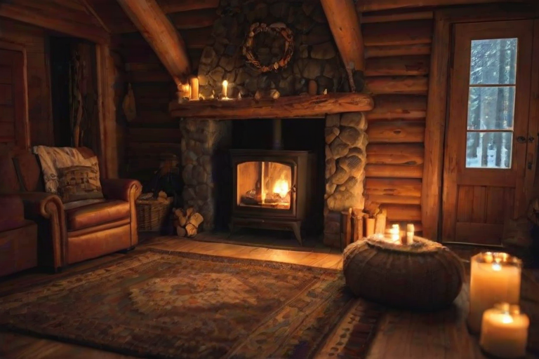 Warmly lit photo of a cozy cabin interior, with a crackling fireplace, soft light from candles, and a plush rug covering the wooden floor.