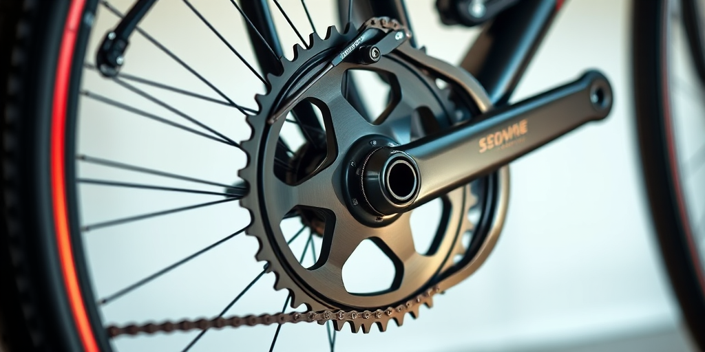 Create a high-resolution vector image of a bicycle crankset with a detailed chainring and crank arm using a 50mm lens at f/4, shot from a low angle with natural light in a studio setting.
