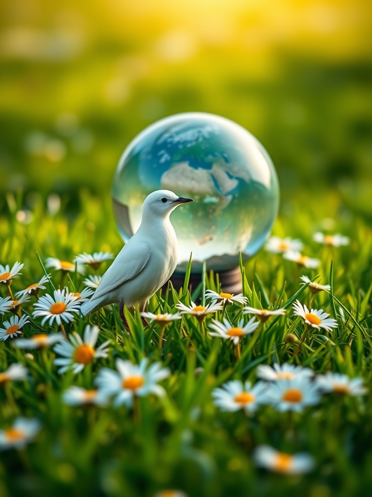 Create a serene scene of a white bird standing on lush green grass surrounded by daisies and a glass globe revealing Earth, shot with a DSLR camera at f/2.8, ISO 100, 50mm lens, natural lighting, focusing on depth of field for a dreamy quality.