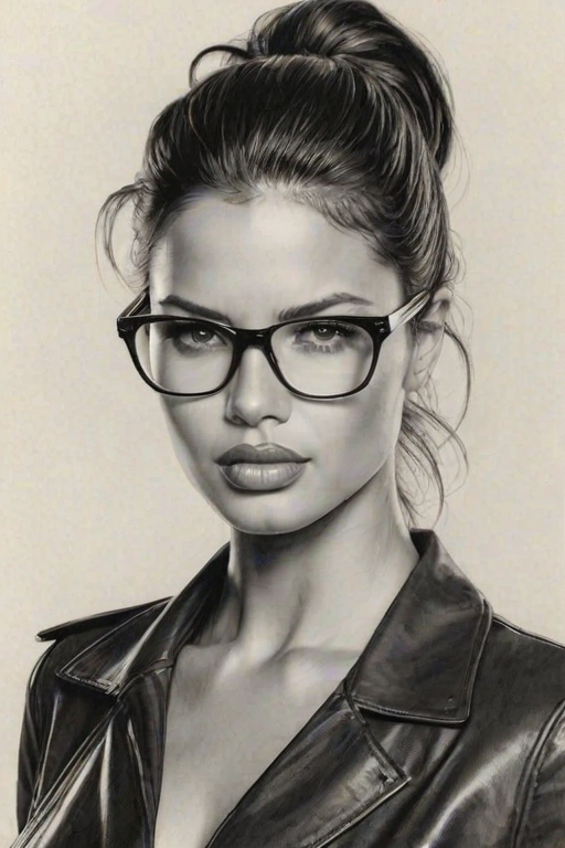Magnificent Adriana Lima, pencil sketch, portrait of Fascinating woman 1976s in glasses, hair style beatnik, outline, clear lines, fine lines, 8k