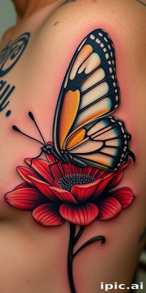 Hyper-realistic 3D tattoo titled "Living Canvas" portraying a lifelike butterfly perched on a flower, seemingly ready to take flight from the skin, with intricate details and shading creating an astonishing illusion of depth and texture