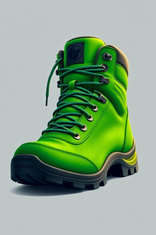 Create a high-resolution illustration of a hiking boot in vibrant green with detailed lacing, using a DSLR camera at f/2.8, ISO 100, focal length 50mm, in a studio lighting setup with a slight top-down angle for enhanced depth and clarity.