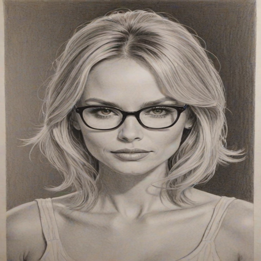 Alluring Kristen Chenoweth, pencil sketch, portrait of Enticing woman 1969s in glasses, hair style beatnik, outline, clear lines, fine lines, 8k