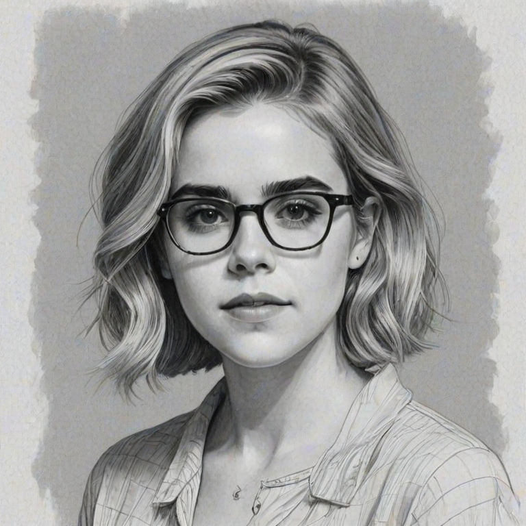 Radiant Kiernan Shipka, pencil sketch, portrait of Beauteous woman 1962s in glasses, hair style beatnik, outline, clear lines, fine lines, 8k