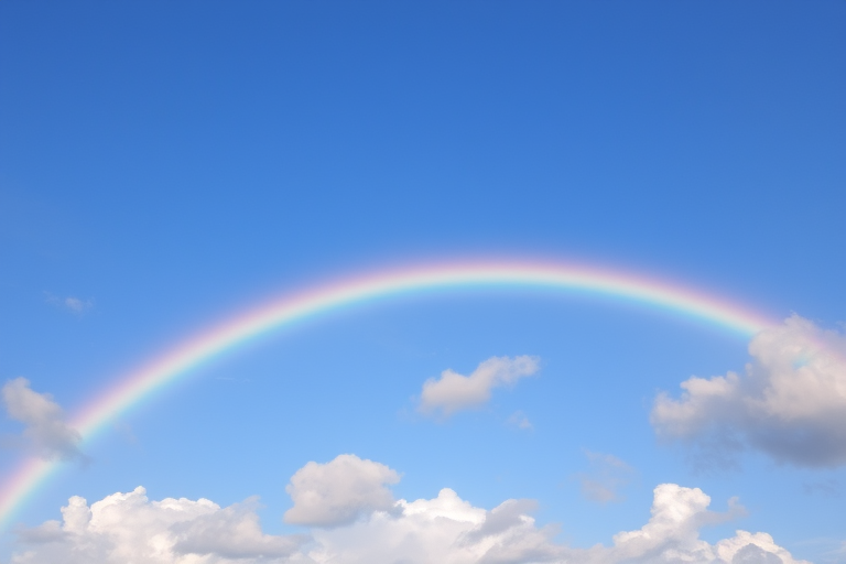 generate an image of a colorful rainbow arching across a bright blue sky with soft, fluffy pink clouds, using a Canon EOS R5 camera, 24mm lens, f/8 aperture, ISO 100, and a soft focus background technique to enhance image quality
