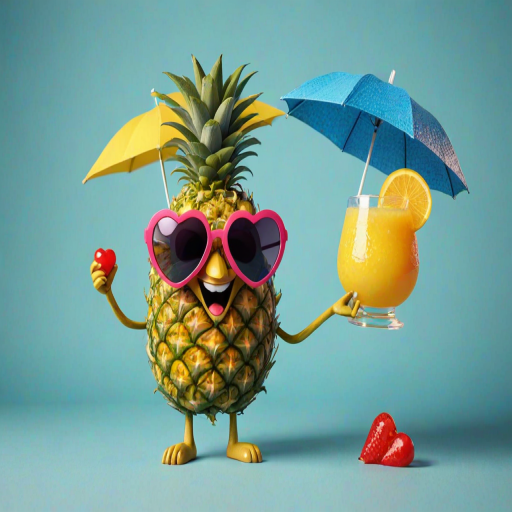 create a cheerful cartoon pineapple wearing large heart-shaped sunglasses and holding a fruity drink with a small umbrella, standing on a light blue surface with a bright and colorful background