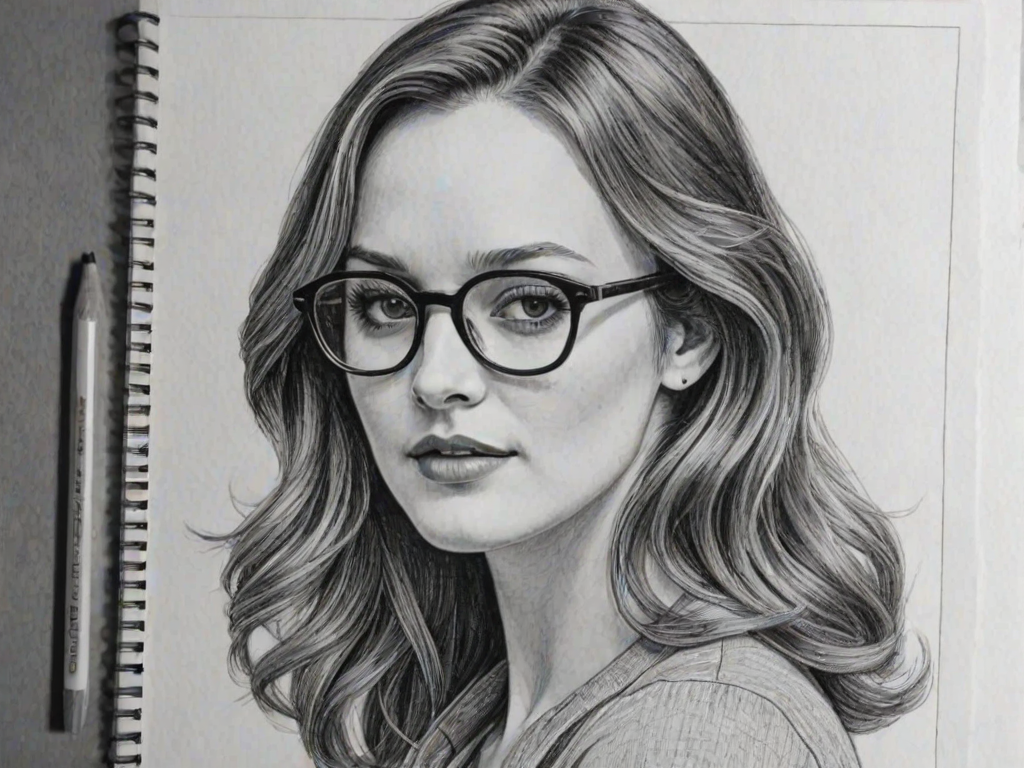 Stunning Leighton Meester, pencil sketch, portrait of Graceful woman 1971s in glasses, hair style beatnik, outline, clear lines, fine lines, 8k