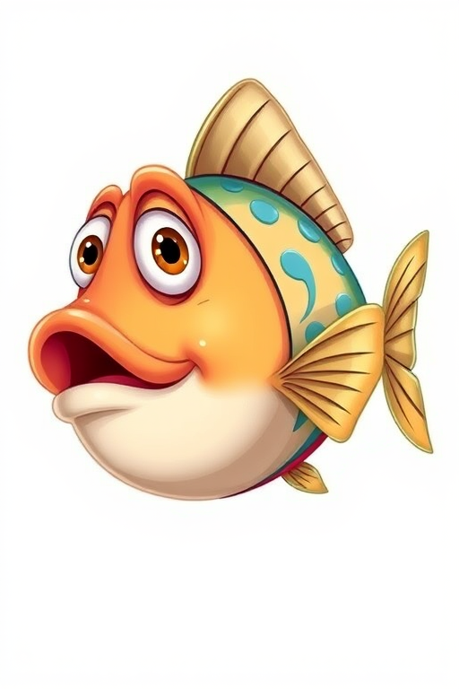 Create a detailed illustration of a cartoonish fish with exaggerated features, vibrant colors, and playful expressions, using a DSLR camera with a 50mm lens, f/2.8 aperture, ISO 100, shot from a three-quarter angle, in high-resolution to enhance clarity and depth.