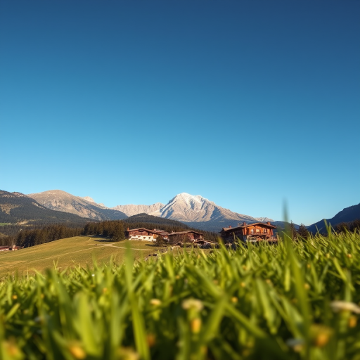 capture a picturesque scene of a mountain landscape with a clear blue sky, lush green grass in the foreground, traditional alpine houses nestled among trees, use a DSLR camera with a 24mm lens, aperture f/8, ISO 100, shutter speed 1/250s, in landscape orientation, vibrant colors and high dynamic range