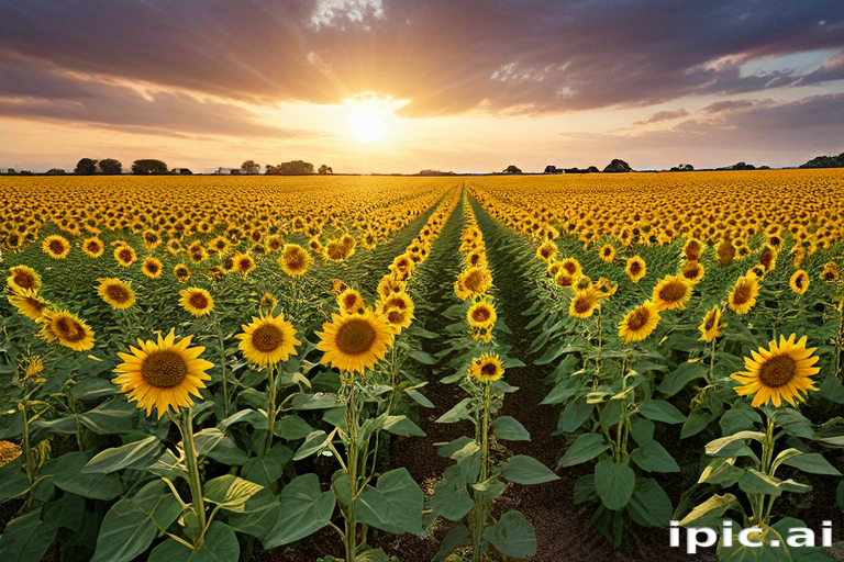 A Vibrant Field of Sunflowers Bathed in Golden Sunset Light