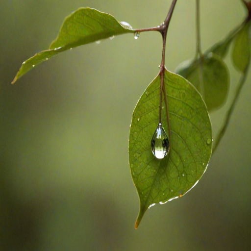 Close-up of a single raindrop hanging from a leaf, the delicate reflection of the surrounding forest captured within, with soft green and brown tones blending in the background under soft morning light.