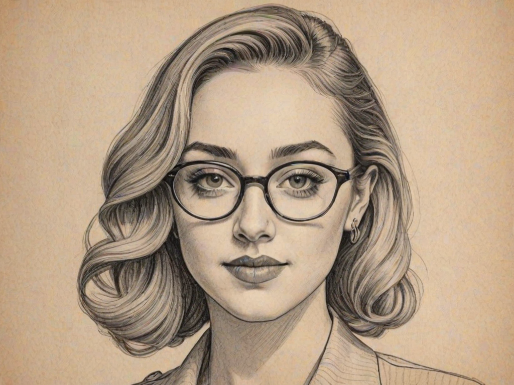 Lovely Brandi Cyrus, pencil sketch, portrait of Captivating woman 1943s in glasses, hair style beatnik, outline, clear lines, fine lines, 8k