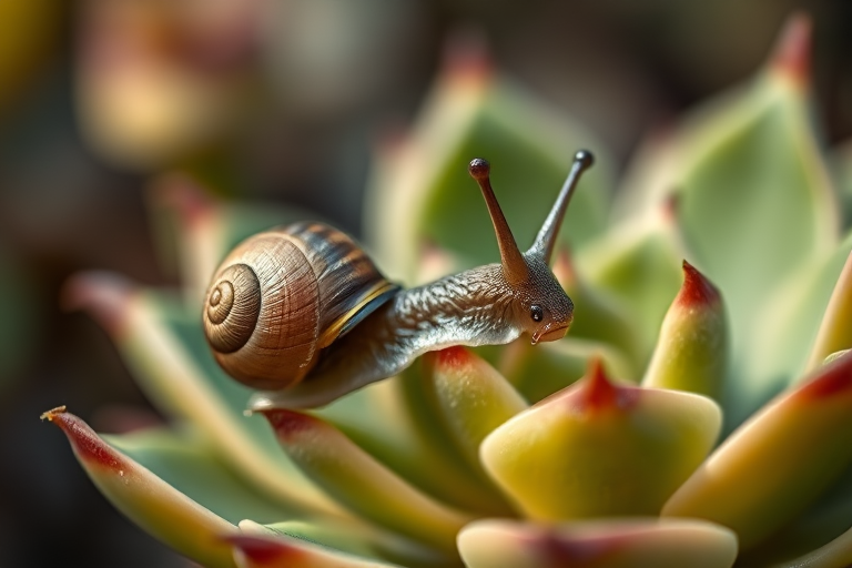 A close-up of a snail resting on a succulent leaf, with a soft blurred background, taken with a Canon EOS R5, 50mm lens, aperture f/2.8, ISO 100, natural light, shallow depth of field to enhance details of the snail and foliage.