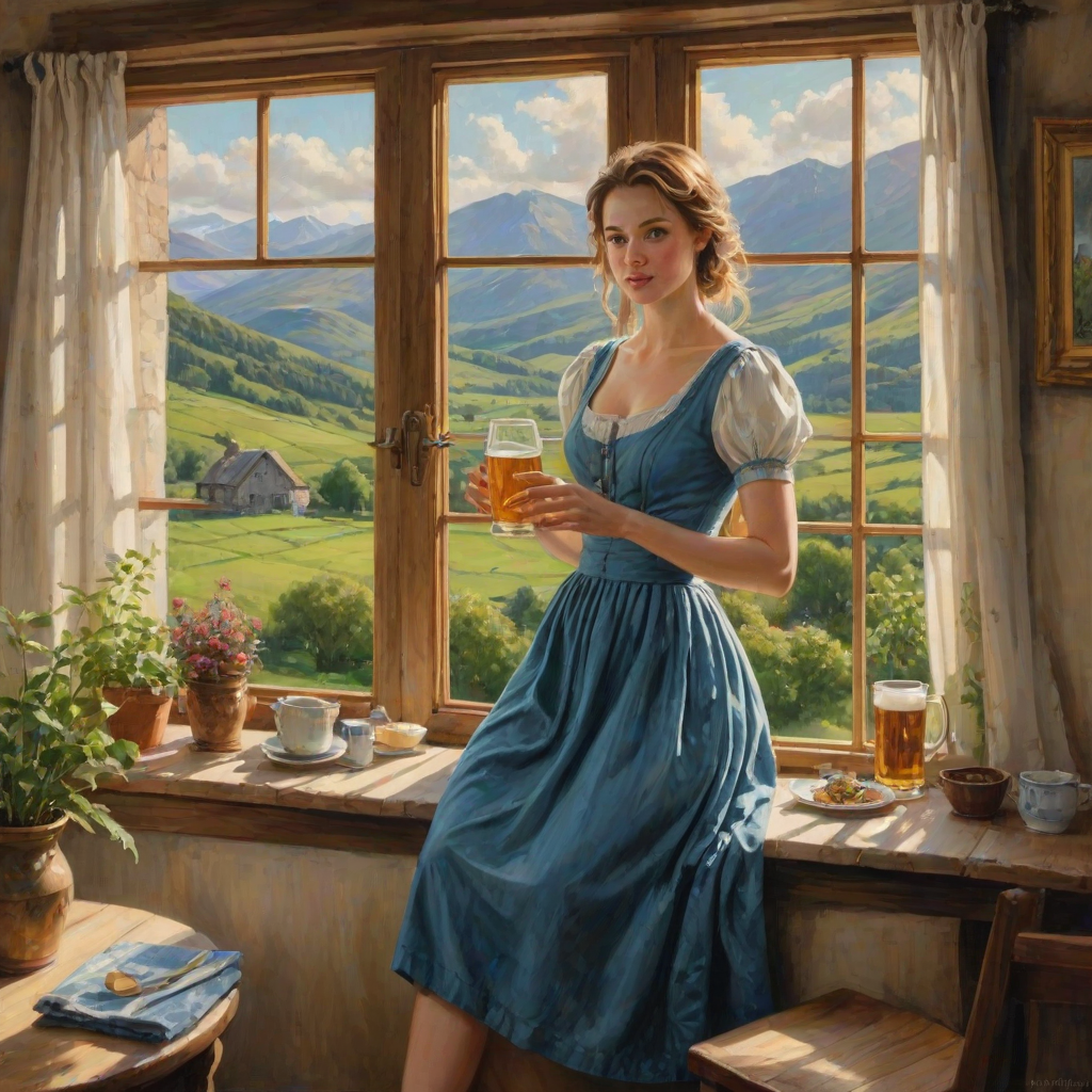 In "A Glass of Beer on the Highland," a serene scene is depicted in a sunlit room where a woman in a vibrant blue dress stands by a large window. She holds a tray with a hearty meal and a frothy glass of beer, embodying a moment of relaxation. Outside, the breathtaking highland landscape features rolling green hills and a charming traditional house, all bathed in warm afternoon light. The interior is adorned with potted plants, creating a harmonious blend of comfort and nature. The painting beautifully captures the tranquility and joy found in simple pleasures amidst stunning scenery