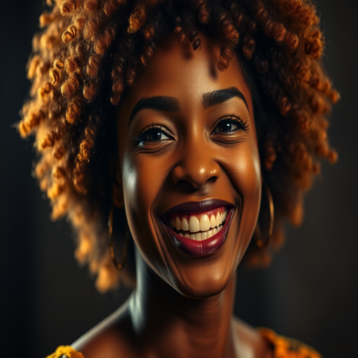 Portrait of a woman with a vibrant, textured afro hairstyle, golden hues, and a joyful expression, captured in low light with a Canon EOS R5, 85mm lens, f/1.2 aperture, ISO 100, and soft focus background to enhance the subject's features.