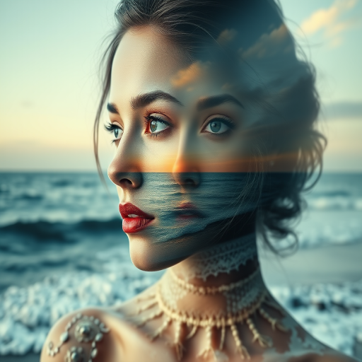 this image is Book cover, A surreal double exposure portrait that blends a woman's face with a beautiful seascape. The overall mood is dreamy and mystical, with rich colors and intricate details