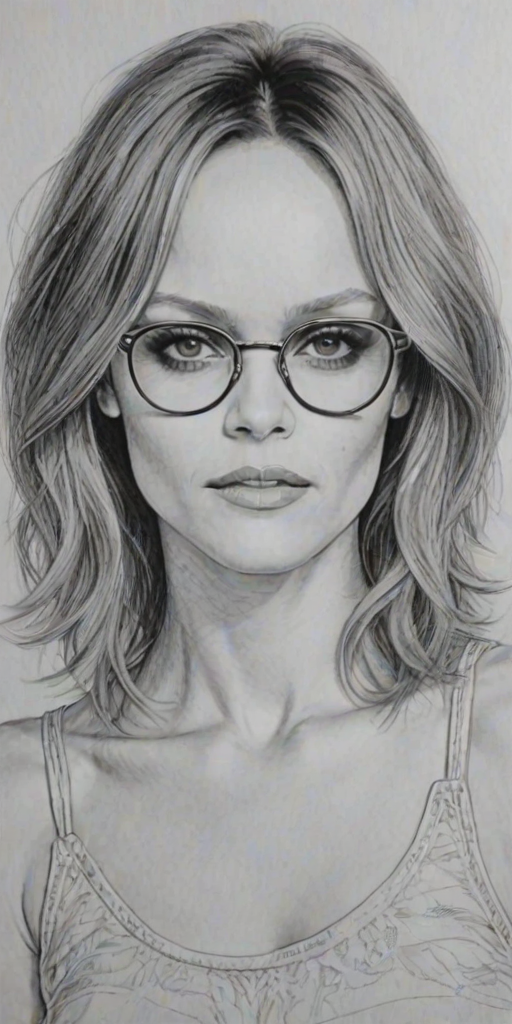 Exquisite Vanessa Paradis, pencil sketch, portrait of Superb woman 1967s in glasses, hair style beatnik, outline, clear lines, fine lines, 8k