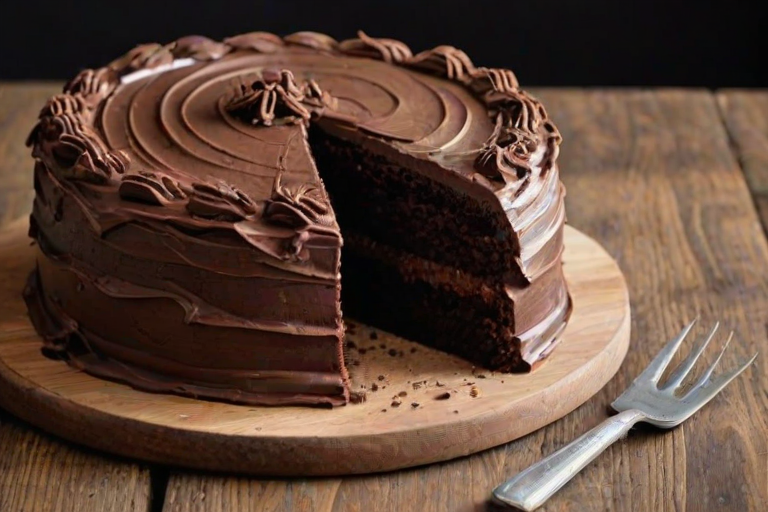 Generate an image of a rich chocolate cake with multiple layers, covered in smooth chocolate frosting. The cake should have a slice cut out, revealing its moist texture and layers inside. Decorate the top with chocolate shavings and place it on a rustic wooden board, with a small plate beside it. The lighting should be warm and inviting, highlighting the cake's delicious details.