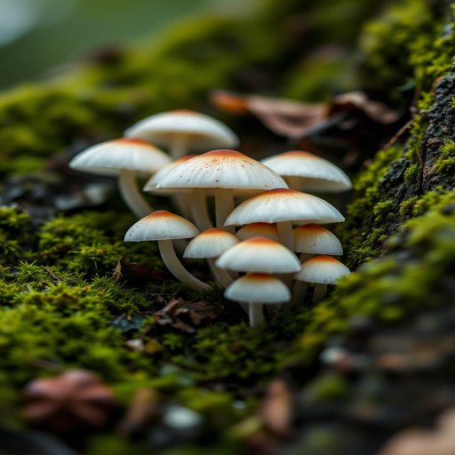 Close-up shot of white mushrooms growing on mossy wood, using a DSLR camera with a 50mm lens, aperture f/2.8, ISO 100, natural light, shallow depth of field.