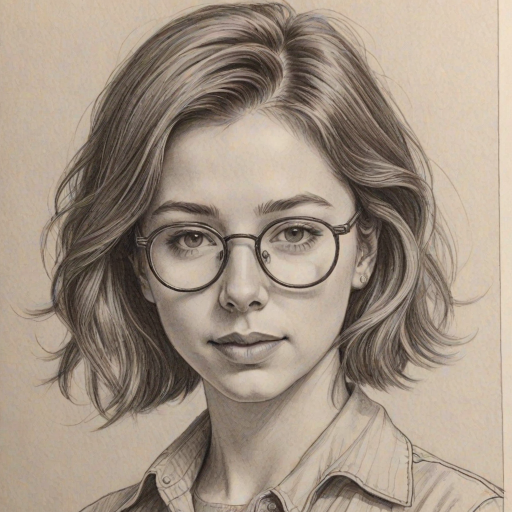 Fetching Katelyn Nacon, pencil sketch, portrait of Magnificent woman 1978s in glasses, hair style beatnik, outline, clear lines, fine lines, 8k