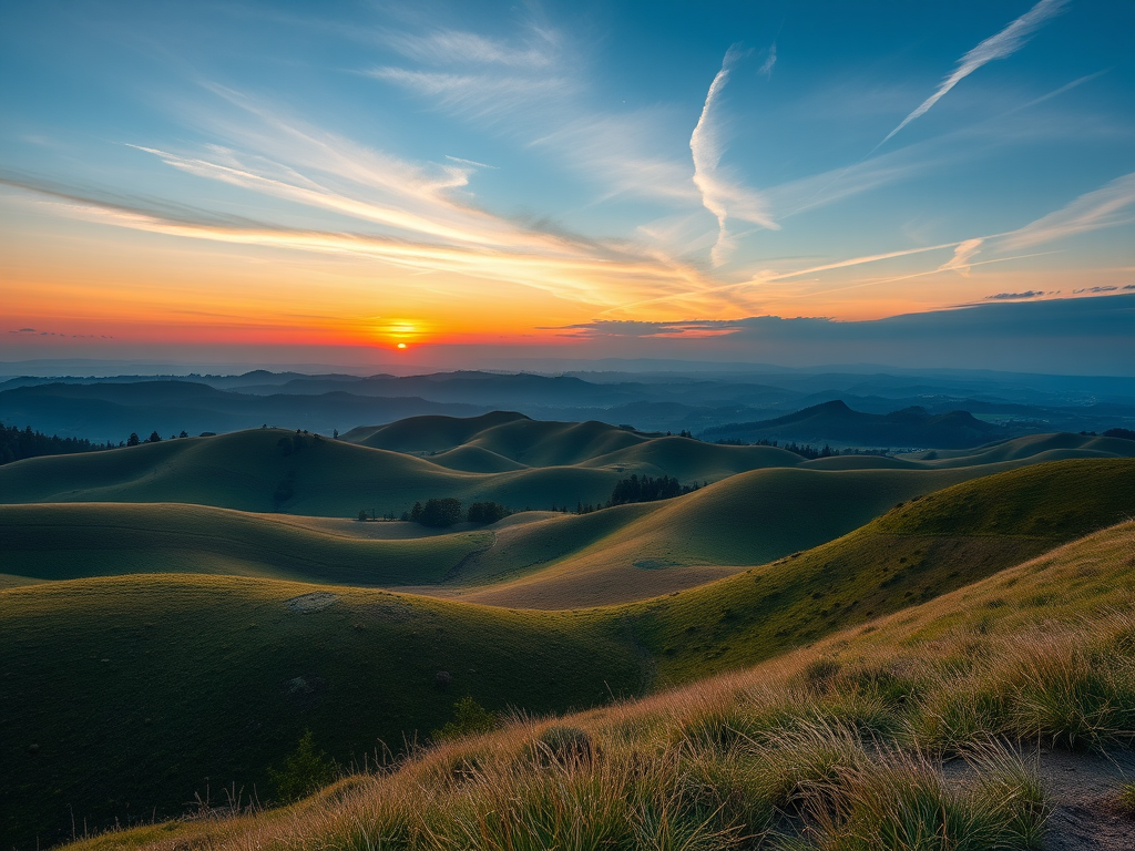 Create a high-resolution image of a serene landscape with rolling hills and a sunset, using a Canon EOS R5 with a 24mm f/1.4 lens, aperture set to f/8, ISO 100, shot at a 1/200 second shutter speed, composed in a wide-angle view to capture the expansive sky and foreground detail.