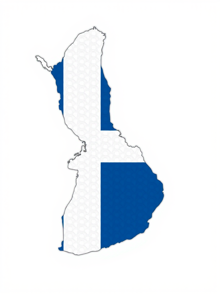 Regenerate an image of the outline of Finland filled with its flag colors, use a DSLR camera type with a 35mm lens, aperture set to f/8, ISO 100, in a high dynamic range style for enhanced clarity and detail.