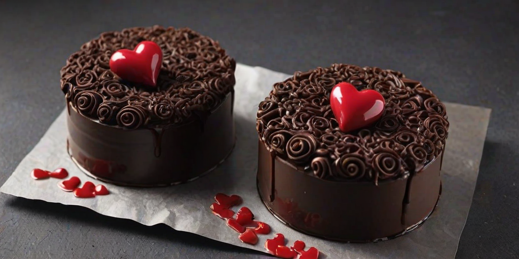 Create an image of two small chocolate cakes with a glossy dark chocolate ganache topping. Each cake is adorned with chocolate curls and a small heart-shaped decoration on top. The cakes are surrounded by chocolate shavings and placed on a textured gray surface. The overall presentation should be elegant and appealing, showcasing the rich textures and deep colors of the chocolate.