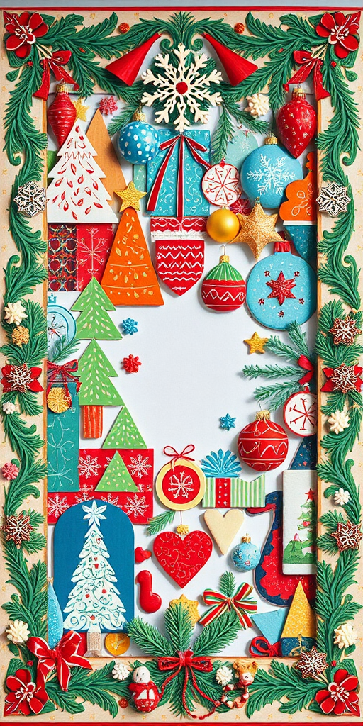Create a vibrant, colorful collage featuring various holiday-themed illustrations such as trees, ornaments, and snowflakes, centered within a decorative frame, captured with a Canon EOS R5, 50mm lens, f/1.8 aperture, 1/125 shutter speed, ISO 200, in natural light to enhance brightness and texture.