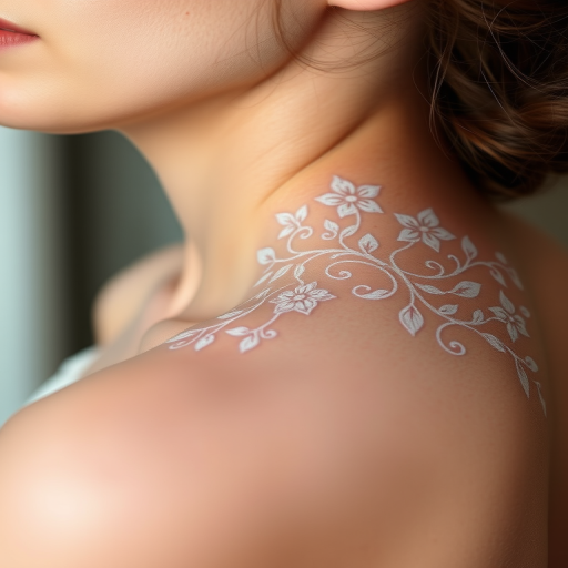 Ethereal white ink tattoo featuring delicate lace-like patterns and flowing organic shapes, subtle contrast against skin tone, intricate details visible upon closer inspection, elegant and feminine design