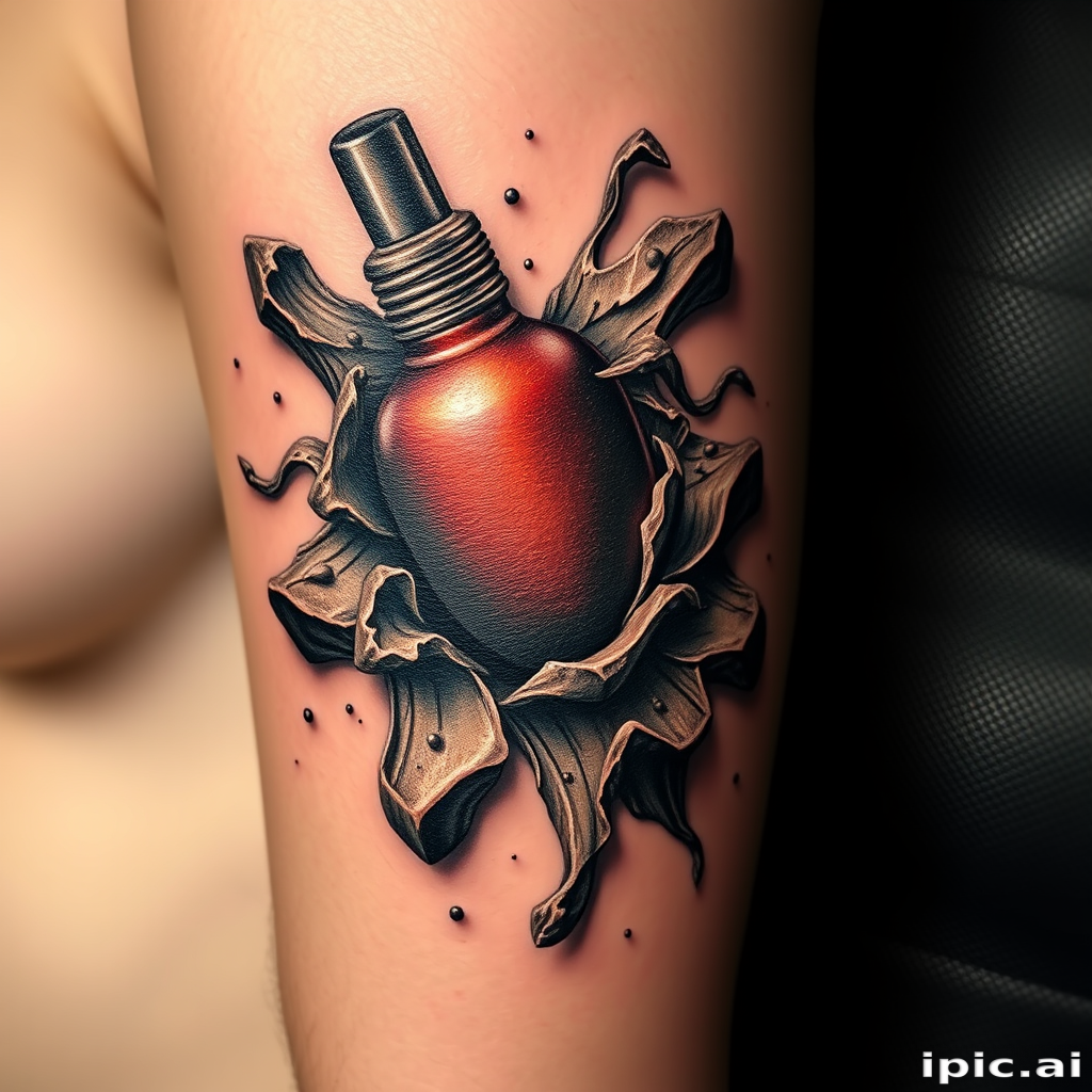 Realistic 3D tattoo titled "Illusion of Depth" creating a trompe l'oeil effect with hyperrealistic textures and shadows giving the appearance of objects emerging from or sinking into the skin