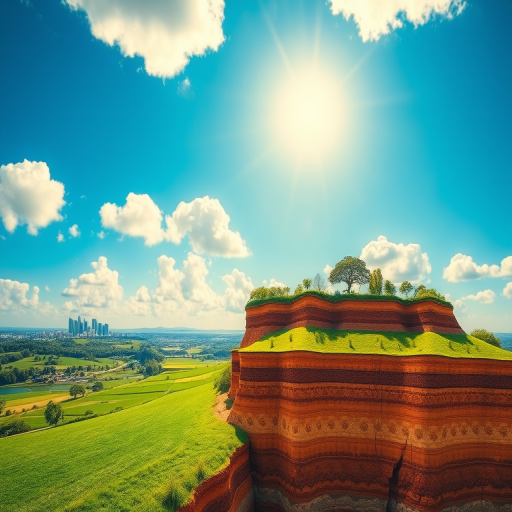 A vibrant landscape illustration featuring a clear blue sky with fluffy white clouds, a bright sun shining down, a city skyline on the left, green fields in the foreground, and an underground section showing geological layers, captured with a wide-angle lens on a DSLR camera at f/8 aperture, ISO 100, 24mm focal length, natural lighting for enhanced clarity and detail.