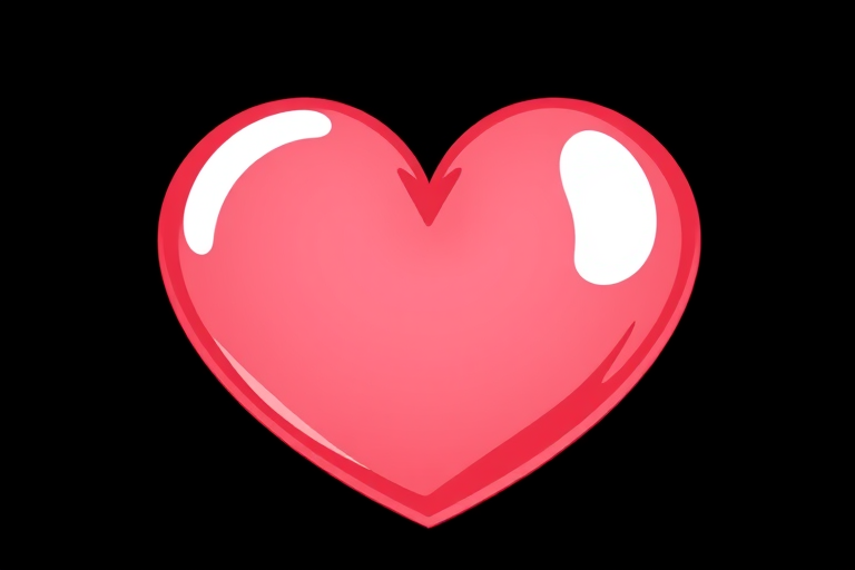 Create a vibrant cartoon-style image of a heart shape, bright coral color with glossy white highlights, set against a solid black background, shot with a DSLR camera, 50mm lens, f/1.8 aperture, ISO 100, and natural lighting for enhanced clarity and depth.
