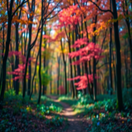 Create an artistic representation of a mystical forest with vibrant colors and a serene atmosphere, using a DSLR camera with a 50mm lens at f/1.8, ISO 200, capturing a soft-focus background and sharp foreground details in natural lighting.