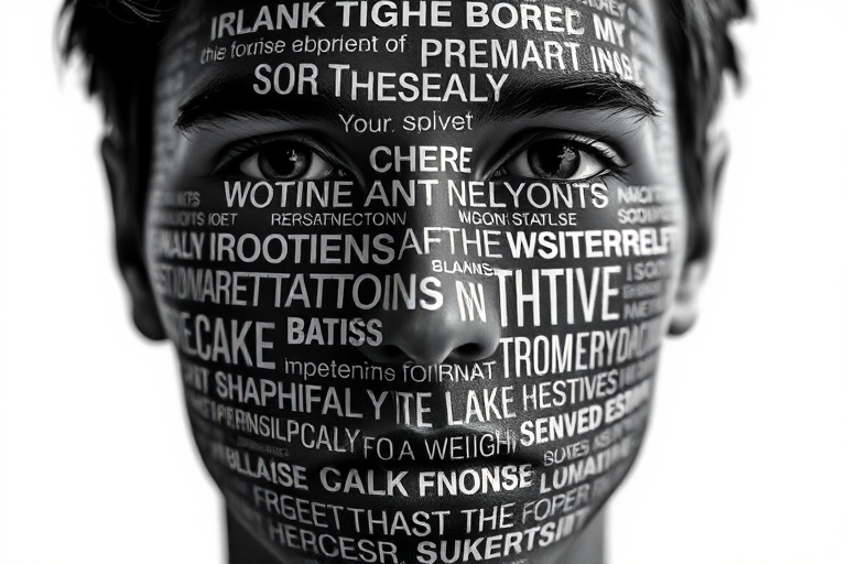 Create a high-contrast black and white image of a human face made up of inspirational text, using a Canon EOS R5 with an ISO of 100, an aperture of f/2.8, a shutter speed of 1/200s, captured in a frontal view with a shallow depth of field for enhanced clarity.