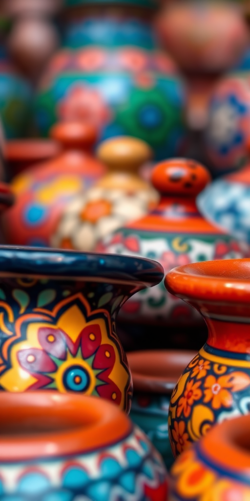 Create a vibrant close-up image of intricately designed ceramic pots, emphasizing their colorful patterns and textures, using a DSLR camera with a 50mm lens, f/2.8 aperture, ISO 100, natural light, and a shallow depth of field to create a soft background blur.