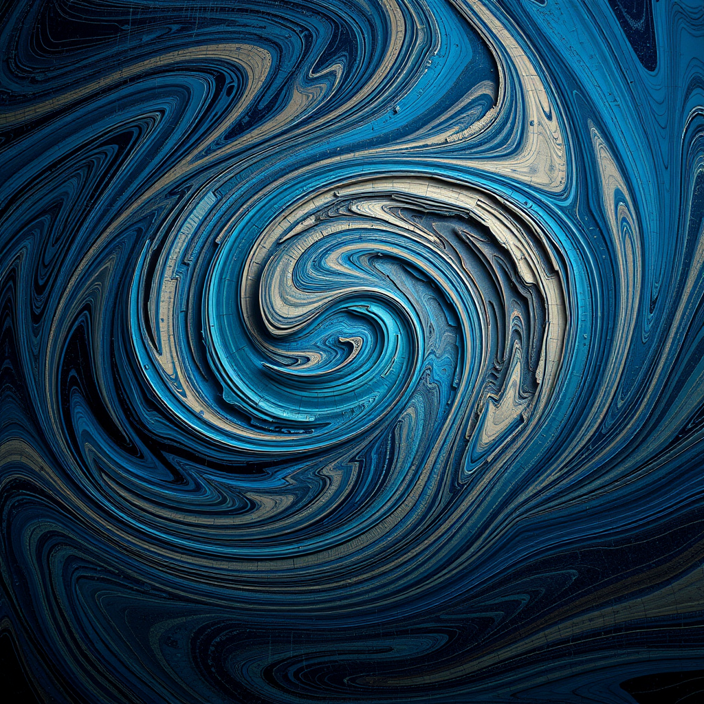 Create an abstract image featuring swirling patterns of blues, grays, and earth tones with intricate line details, captured with a Canon EOS R5 at f/8, ISO 100, 1/125s, using a macro lens for enhanced texture clarity and depth.