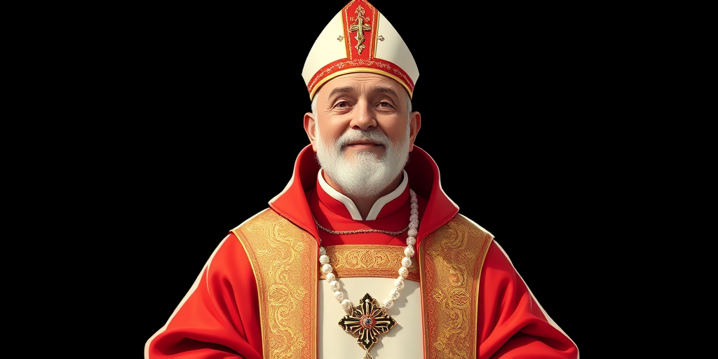 Create a vibrant illustration of a religious leader in traditional robes with a bright red cape and white accessories, captured with a DSLR camera at f/2.8 aperture, 50mm lens, high saturation to enhance colors, in a well-lit studio setting for clear details and sharpness.