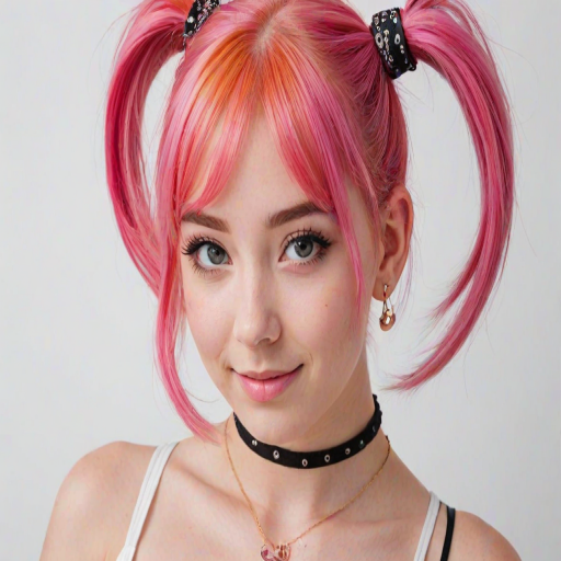 1girl, pink hair, necklace, side view, white background, perfect cute face, turning to look at viewer, vibrant colours, cocky smile, choker, (freckles:0.6), eyeshadow, pigtail buns, round face