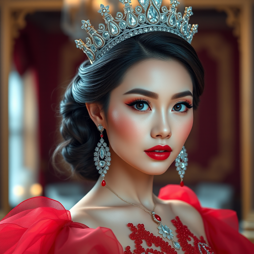 A gorgeous Vietnamese woman in a luxurious red gown, accessorized with a dazzling tiara and statement earrings, her deep cyan eyes highlighted by impeccable makeup, poised in a royal setting, photorealistic, 8K quality